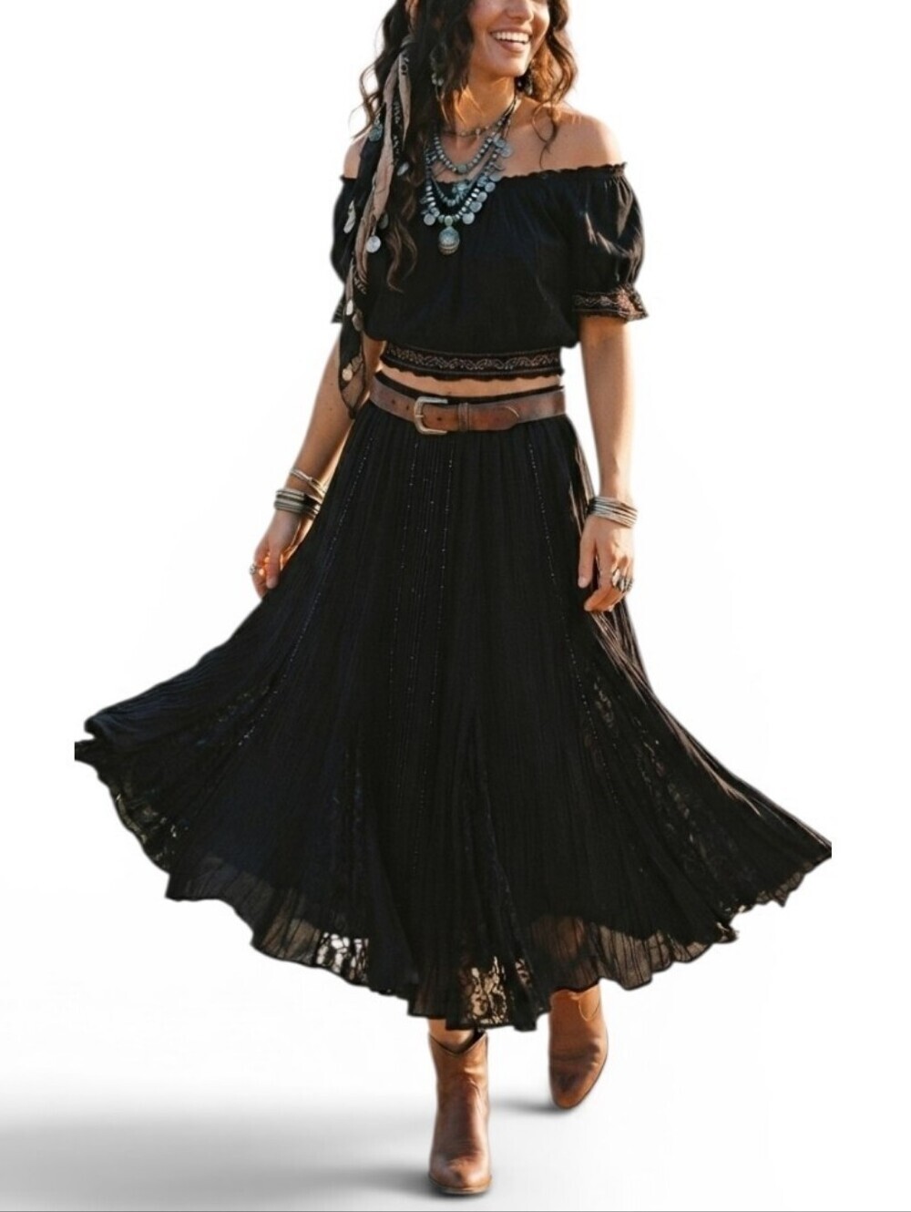 Vintage 90s Lola P. Beaded Lace Inset Black Gypsy Skirt 1X
